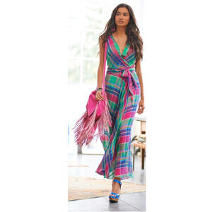 Ralph Lauren Madrid Wrap Maxi Dress 12 Madras Plaid Midi Prep Coastal Pink Blue
